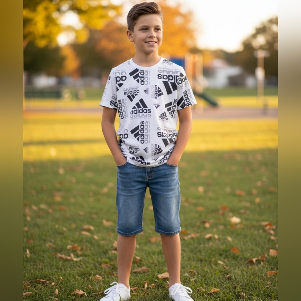 Adidas Kid's Boy's White Short Sleeve Branded Echo Print T-Shirt Size XL